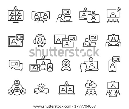 Video Conference Icons Set. Collection of linear simple web icons such Video Сommunication with People at a Distance Using Devices, Headphone, Camera, Projector icon, Video communication and others