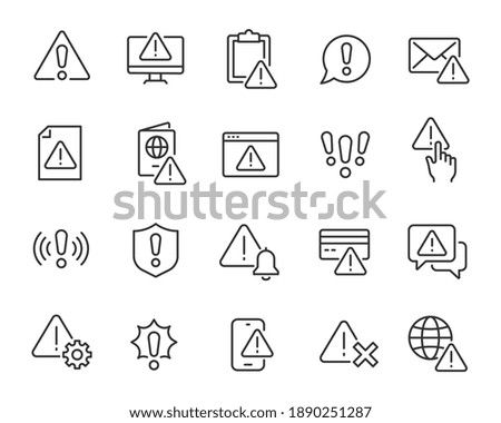 Warning icons set. Collection of linear simple web icons such as Exclamation Mark, Warning Sign, Security, Error, Attack, Stop, Notification and others. Editable vector stroke.