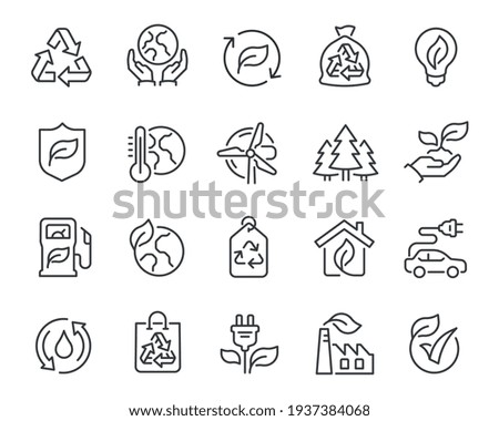 Ecology Icons Set. Collection of linear simple web icons such as Recycling, Alternative Energy Source, Ecohouse, Environmental Protection, Global Warming and other. Editable vector stroke. Foto stock © 