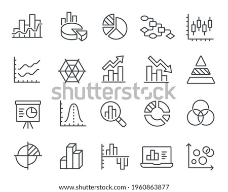 Graphs and Сharts Icons Set. Such as Line and Pie Chart , Bar Histograms and others. Editable vector stroke.