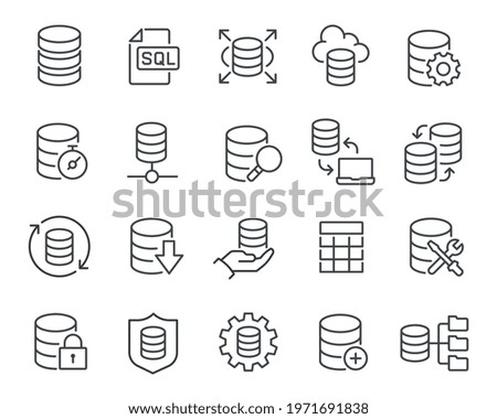 Database Icons Set. Such as Data Processing and Management, Customization, Exchange, Protection, Repair and others. Editable vector stroke.
