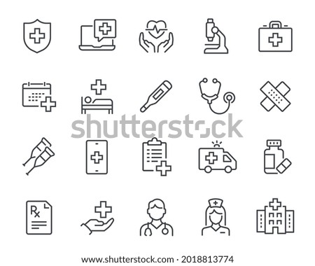 Medical Icons Set. Such as Doctor, Nurse, Ambulance, Pills, Hospital, Prescription, Thermometer, and others. Editable vector stroke.