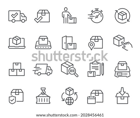Delivery of Goods icons set. Such as Parcels, Courier, Door Delivery, Fast, Track Parcel, Parcel Management, Conveyor Belt, Weighing, Worldwide, Unloading and Dispatching, and others. Editable vector  Сток-фото © 
