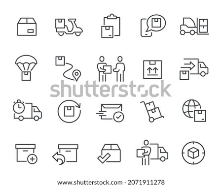 Shipping and Delivery icons set. Courier Delivery, Parcel Courier, Parcel Tracking, Returns, Letter Sending, Shipping Notification, Worldwide Shipping and others.