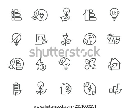 Energy Saving Icons. Collection promoting Energy Conservation, featuring efficient bulbs, smart meters, eco-homes, alternative sources, and symbols of economical energy use. Ideal for web design.