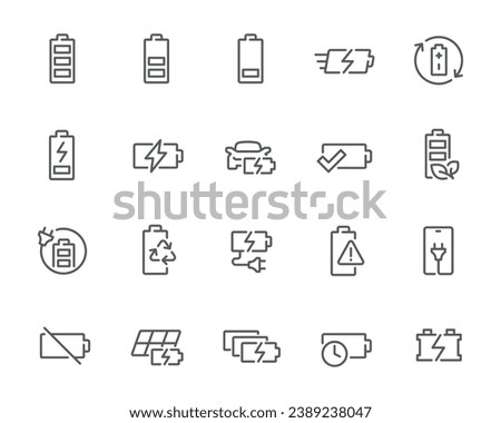 Battery Charging Icon Set: An exclusive collection of 20 battery icons, showcasing charge level, fast charging, eco-friendly options, battery recycling, and more. Ready for use in your project! Elevat