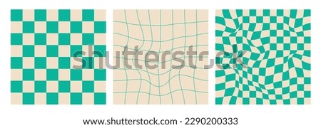 A set of fun seamless groove style patterns. Turquoise gray-white colors. Retro Trippy style. Hippie 60s, 70s style	
