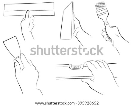 hand holding a trowel, grout, brush, building level