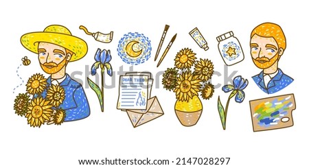 Set of cartoon portrait and Van Gogh style elements isolated on white - sunflowers, irises, palette, oil paints, brushes, letters for Your art design 