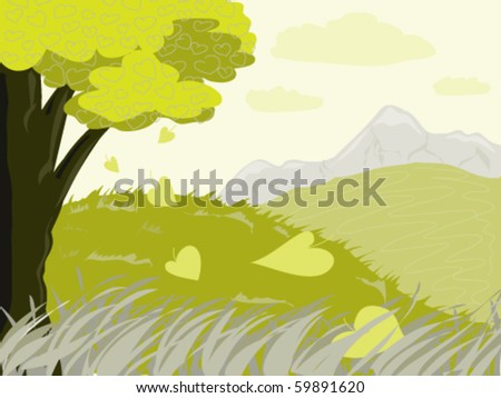 Green landscape with tree and flying in the wind leaves