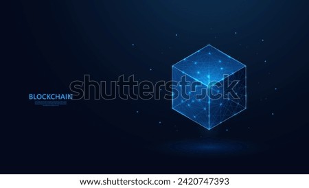 Abstract blockchain technology concept in futuristic low poly wireframe style. blue background with a sprinkling of shining stars.