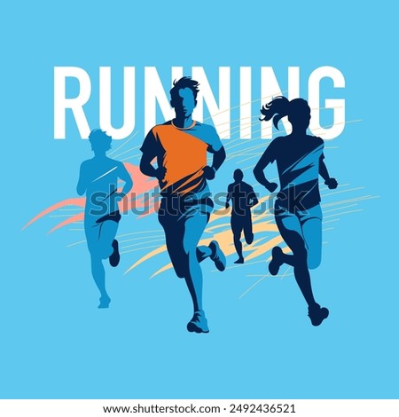 Blue dynamic silhouette of diverse group of people running background illustration