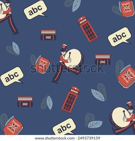 Vibrant english language background pattern with iconic london landmark illustration. For educational purpose.