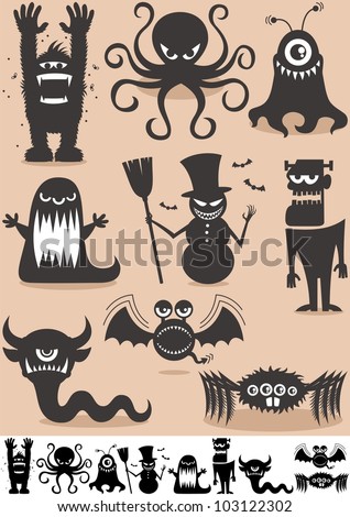 Silhouette Monsters: Set of 9 cartoon monsters. No transparency and gradients used.