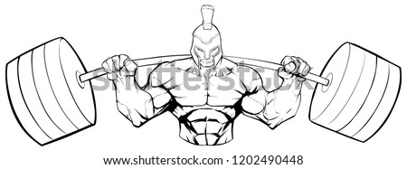 Line art illustration of strong Spartan warrior doing squats with a barbell on white background.