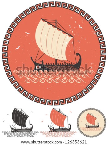 Greek Ship: Stylized illustration of ancient Greek ship in 4 different versions.