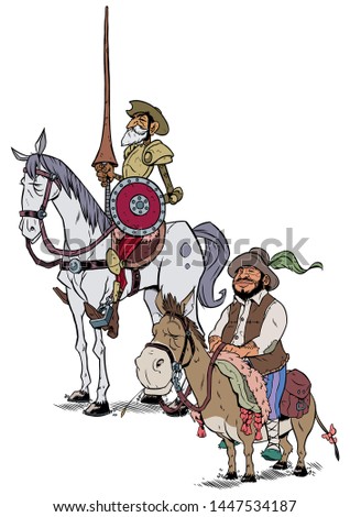 Cartoon illustration of Don Quixote and Sancho Panza isolated on white background.