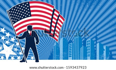 Political campaign background or poster, depicting the silhouette of US president Donald J Trump, bearing the flag of the United States of America over abstract background. 