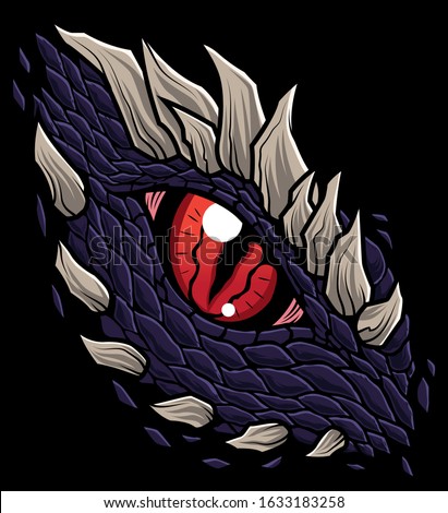 Mascot illustration with the eye of a dragon or other reptile character.