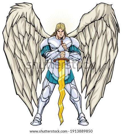 Full color illustration of Archangel Michael holding his sword.