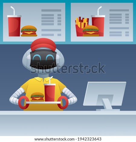 Cartoon illustration of robot working at fast food restaurant. Concept ual illustration for automation.