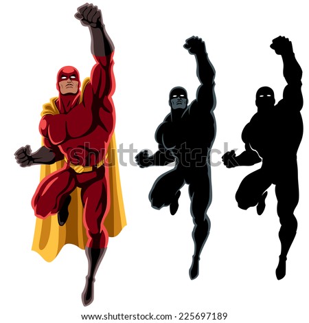 Superhero Flying 2: Flying superhero over white background. 2 additional silhouette versions. No transparency and gradients used.