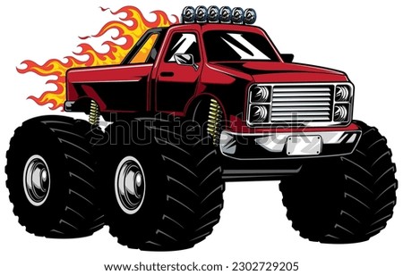 Mascot illustration of powerful red monster truck isolated on white background.