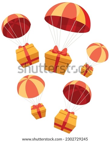Concept flat design illustration with gifts falling from the sky with parachutes.