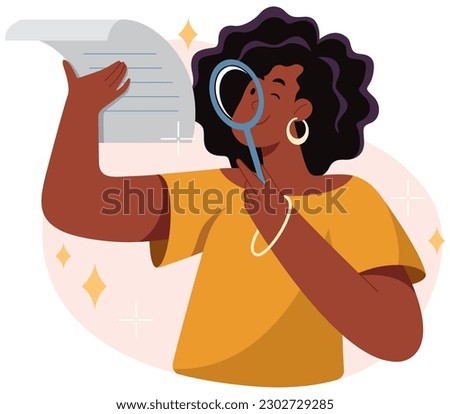 Flat design illustration of black woman holding magnifying glass, examining the fine print of a document.