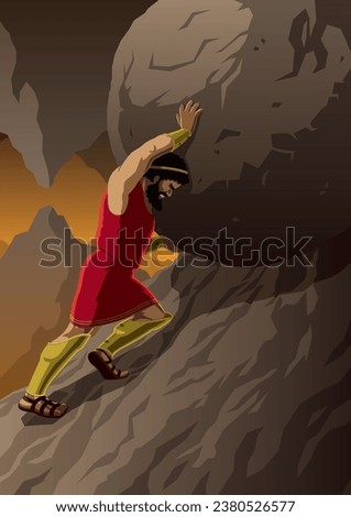 Sisyphus strains to push massive boulder uphill, against mountainous backdrop. His determined face reveals the endless torment of his punishment.