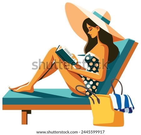 Flat design illustration of a woman reading a book on a sun lounger, isolated on white background.