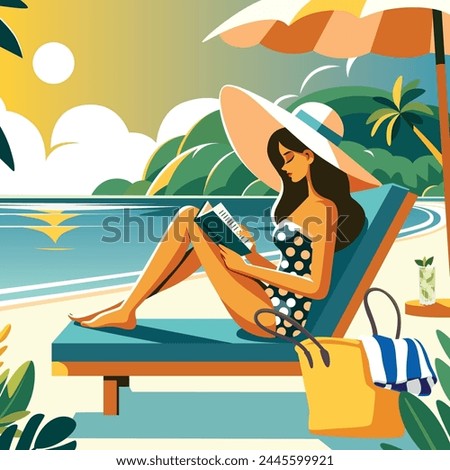 Flat design illustration of a woman reading a book on a sun lounger by the pool, under a parasol.