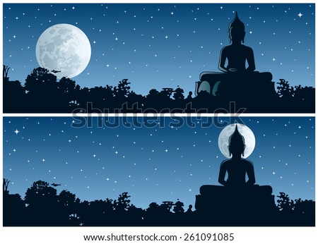 Buddha statue in the jungle at night. 2 different versions. No transparency used. Basic (linear) gradients used.