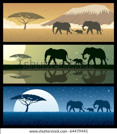Africa Landscapes 2:Three African landscapes with elephants. Good for using as banners. No transparency used. Basic (linear) gradients used.