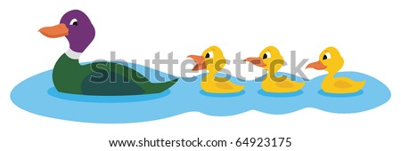 Mother Duck Swimming With Her Three Little Ducklings. Stock Vector ...