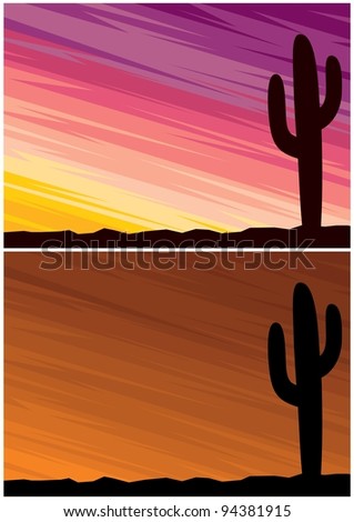 Desert Cactus: Cartoon landscape of a desert at dusk. 2 color variations. A4 proportions. No transparency and gradients used.