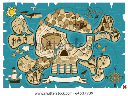 Map of  treasure island in the shape of skull and bones. Use the X in the lower right corner to mark the place of the treasure.