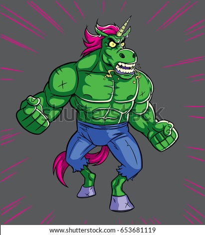 Cartoon illustration of mad raging unicorn. 