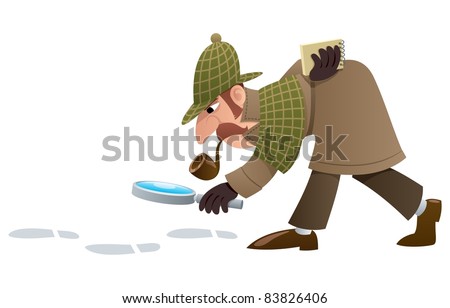 Cartoon illustration of a detective, following footprints. 