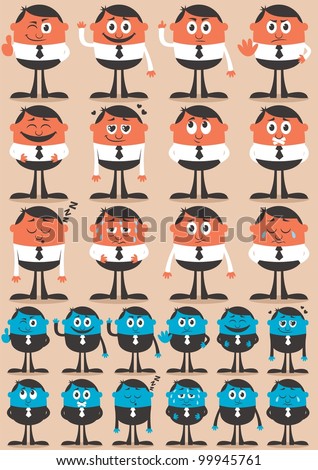 Character Emotions 2: Retro businessman character in 12 different emotions and 24 versions. Easy to change colors. No transparency and gradients used.