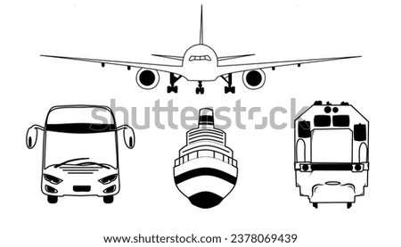 Set of public transportation thin line icons. Boats, planes, buses and trains.  Illustration of common and popular transports and parts. 