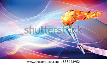 vector illustration flame in hand Olympic games, Olympic games, The 2024 Summer Olympics.   vector illustration in triangles runner.  Paris 2024. France.. vector illustration in triangles runne