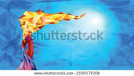 Torch, Flame. A hand from the Olympic ribbons holds the Cup with a torch on a blue background in a geometric triangle Olympic games, Paris 2024. Olympic games, Olympic games, The 2024 