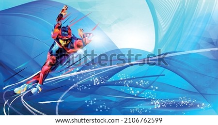 Olympic games Beijing 2022.The polygonal colourful triangles figure of a young man skier with on a blue background. Vector illustration in a geometric triangle of XXIV style Winter games Vector