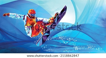  Olympic games Beijing 2022.The polygonal colourful triangles figure of snowboarder, snowboarding.