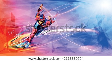 Olympic games Beijing 2022.The polygonal colourful triangles figure of a young man skier with on a blue background. Vector illustration in a geometric triangle of XXIV style Winter games Vector