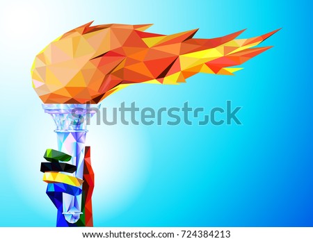 Olympic games, The 2024 Summer Olympics.  Paris 2024. FranceTorch, Flame. A hand from the Olympic ribbons holds the Cup with a torch on a blue background in a geometric triangle Olympic games, Olympic