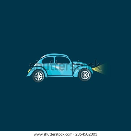 vintage small car teal Volkswagen Beetle car vector illustration from side view with blue color for game assets