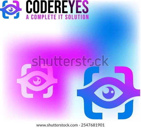 Blue coding logo design with curly braces and eye symbol in the middle | programming or software development logo design