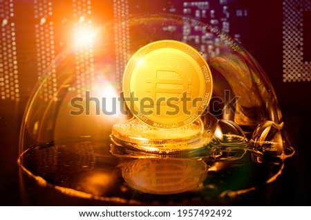 MakerDAO DAI bubble. MakerDAO DAI coin in a soap bubble. Dangers and risks of investing to DAI cryptocurrency. Speculation, drop, down